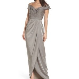 NEW La Femme Surplice Off The Shoulder Column Gown Pewter Grey Size 20